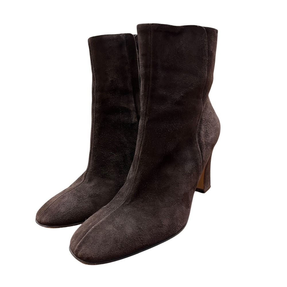 J CREW Brown Suede Ankle Boots 8.5 Square Toe Block Heel Dark Academia Classic